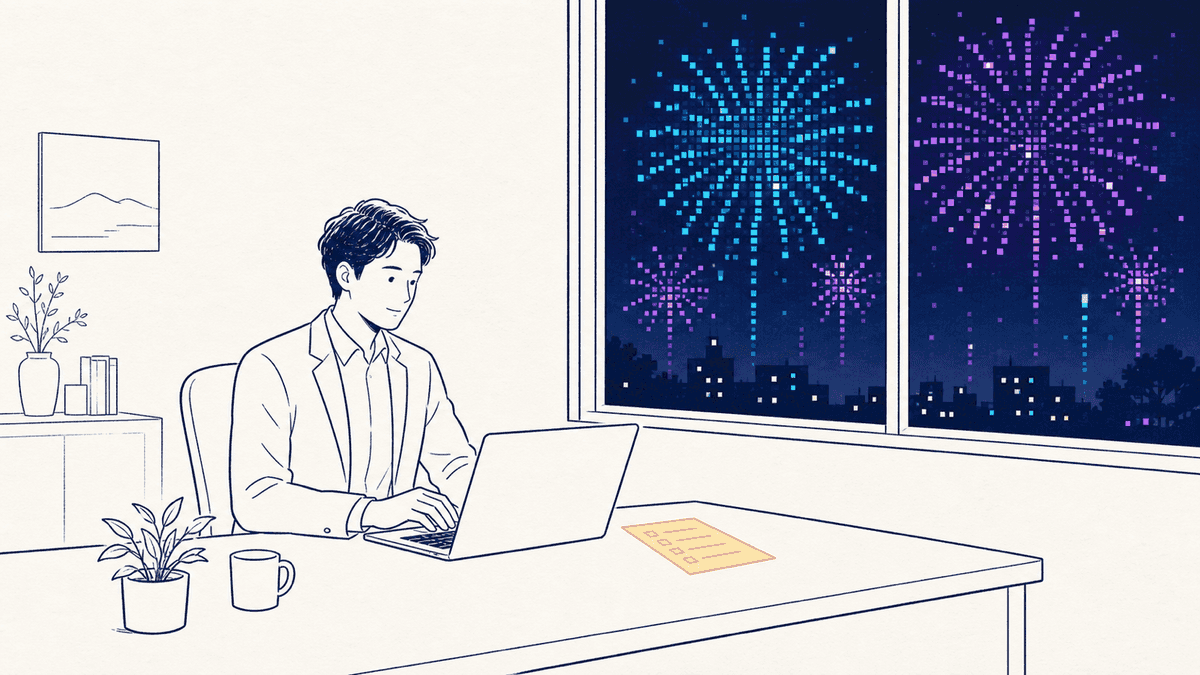 窓の外に打ち上がる花火を横目に、机で淡々と新モデルを検証するビジネスパーソンのフラットイラスト