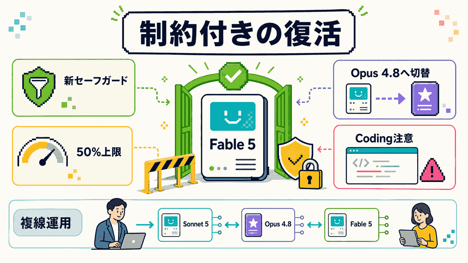 Claude Fable 5復帰・新セーフガード・週次利用上限50%とコーディング副作用の関係を示した概念図