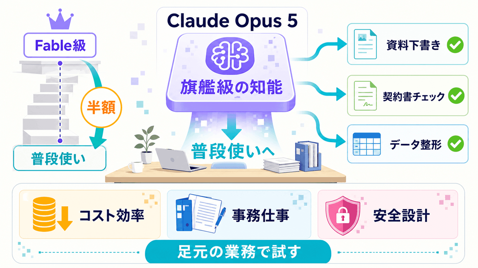 Claude Opus 5の図解。最上位のFable 5級の知能が半額で普段使いに降りてくることを階段と矢印で表し、資料下書き・契約書チェック・データ整形への活用、コスト効率・事務仕事・安全設計という3つの論点、足元の業務で試すというメッセージを添えたインフォグラフィック