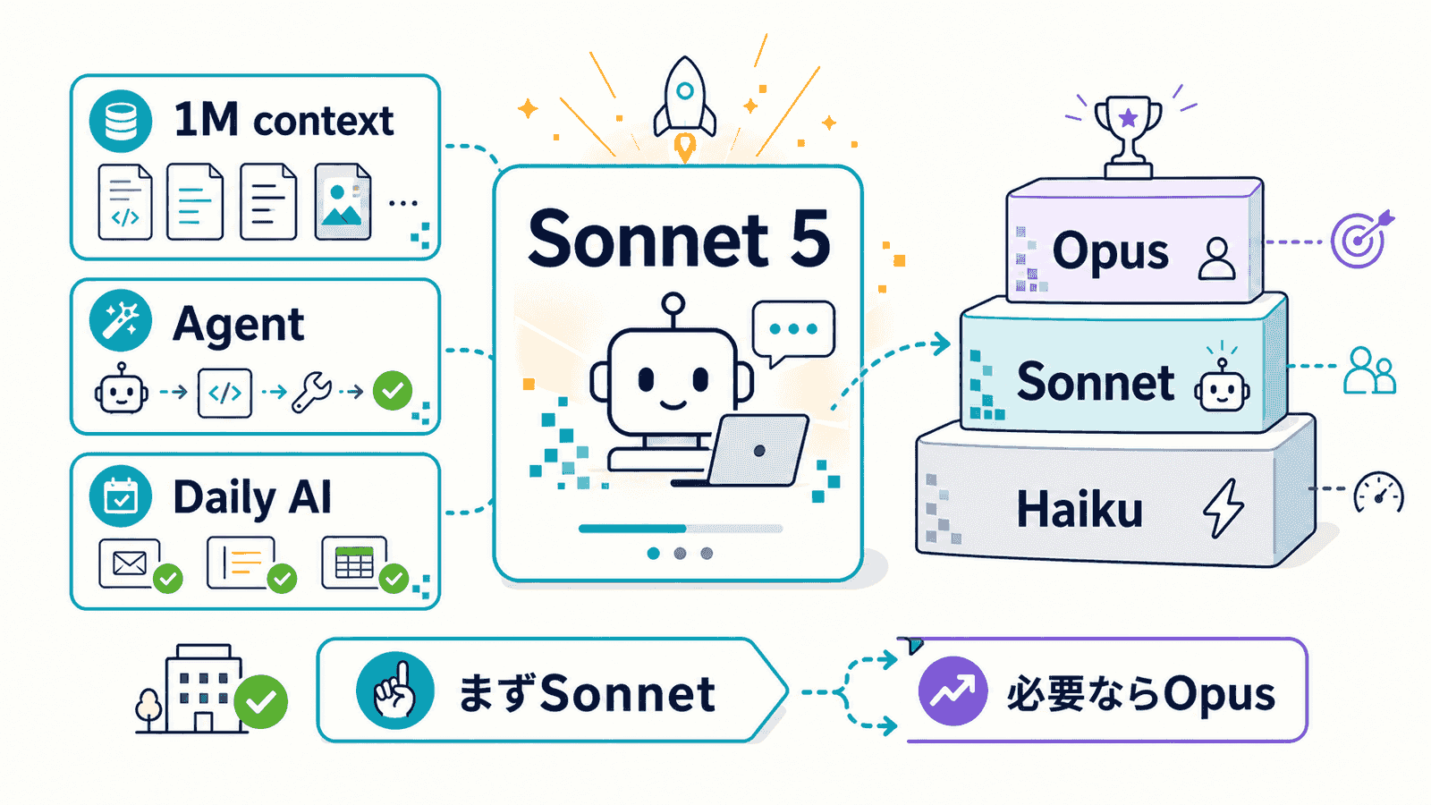Claude Sonnet 5の位置づけとSonnet 4.6・Opus 4.8とのベンチマーク・価格比較を示した概念図