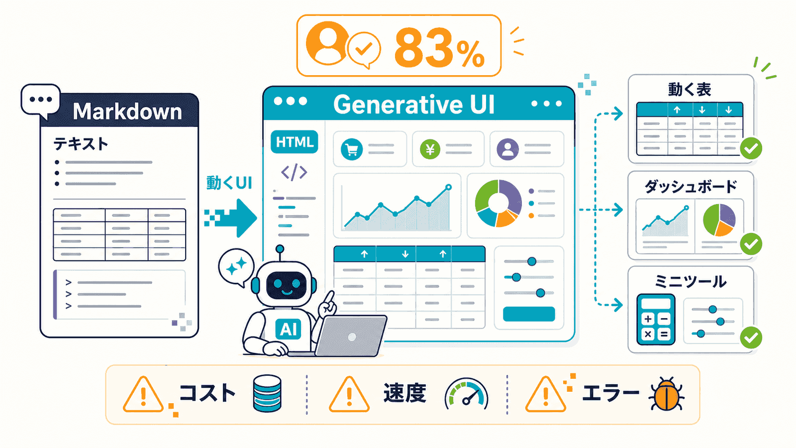 AIの出力形式がMarkdownテキストからHTMLの動くUI・Generative UIへ広がる流れを示した概念図