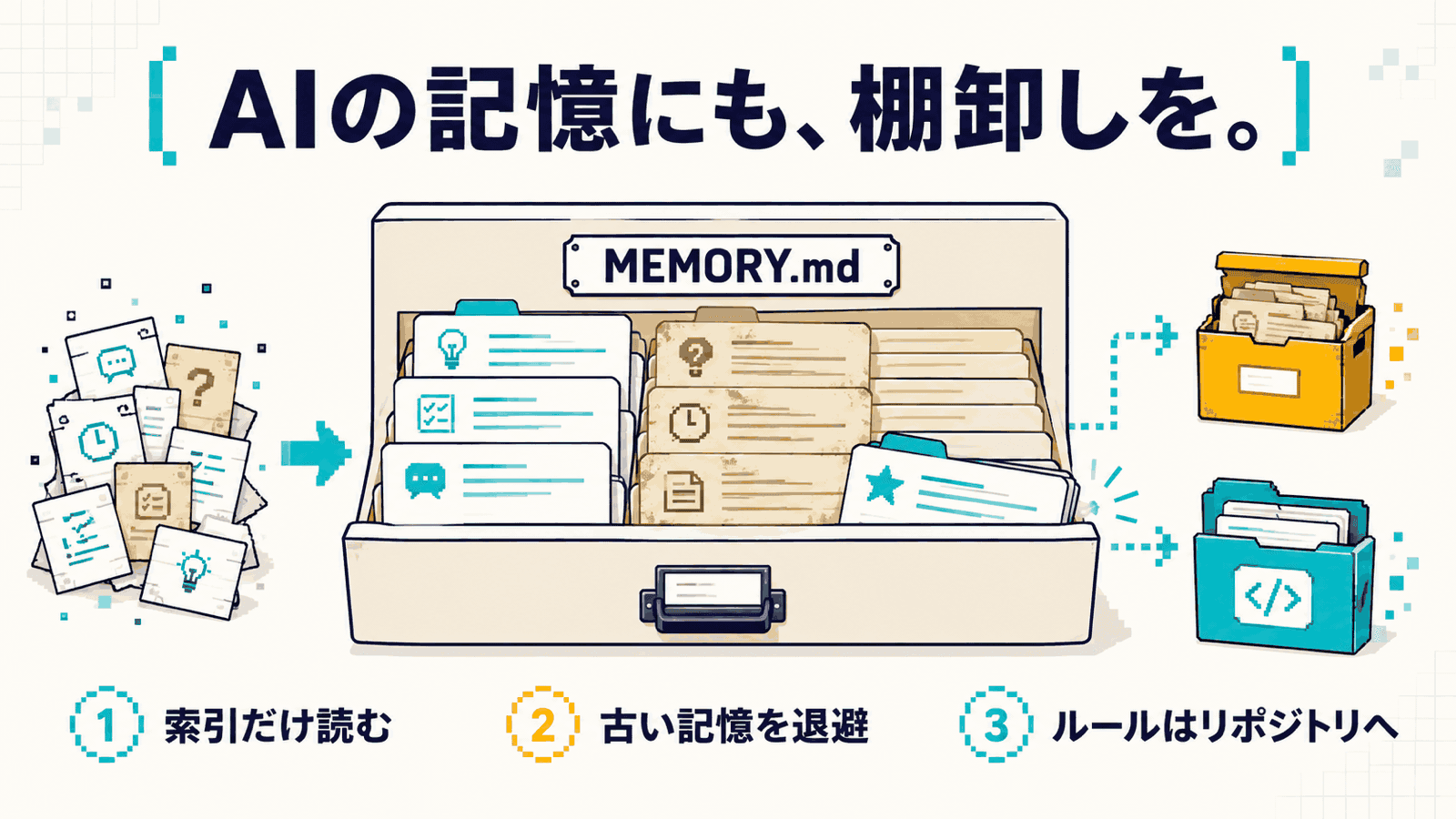 「AIの記憶にも、棚卸しを。」というキャッチとともに、MEMORY.mdと書かれた書類ケースに新旧のメモが詰まり、古いものは退避箱へ、ルールはリポジトリへ移される様子を描いた図。索引だけ読む・古い記憶を退避・ルールはリポジトリへ、の3点を示したインフォグラフィック