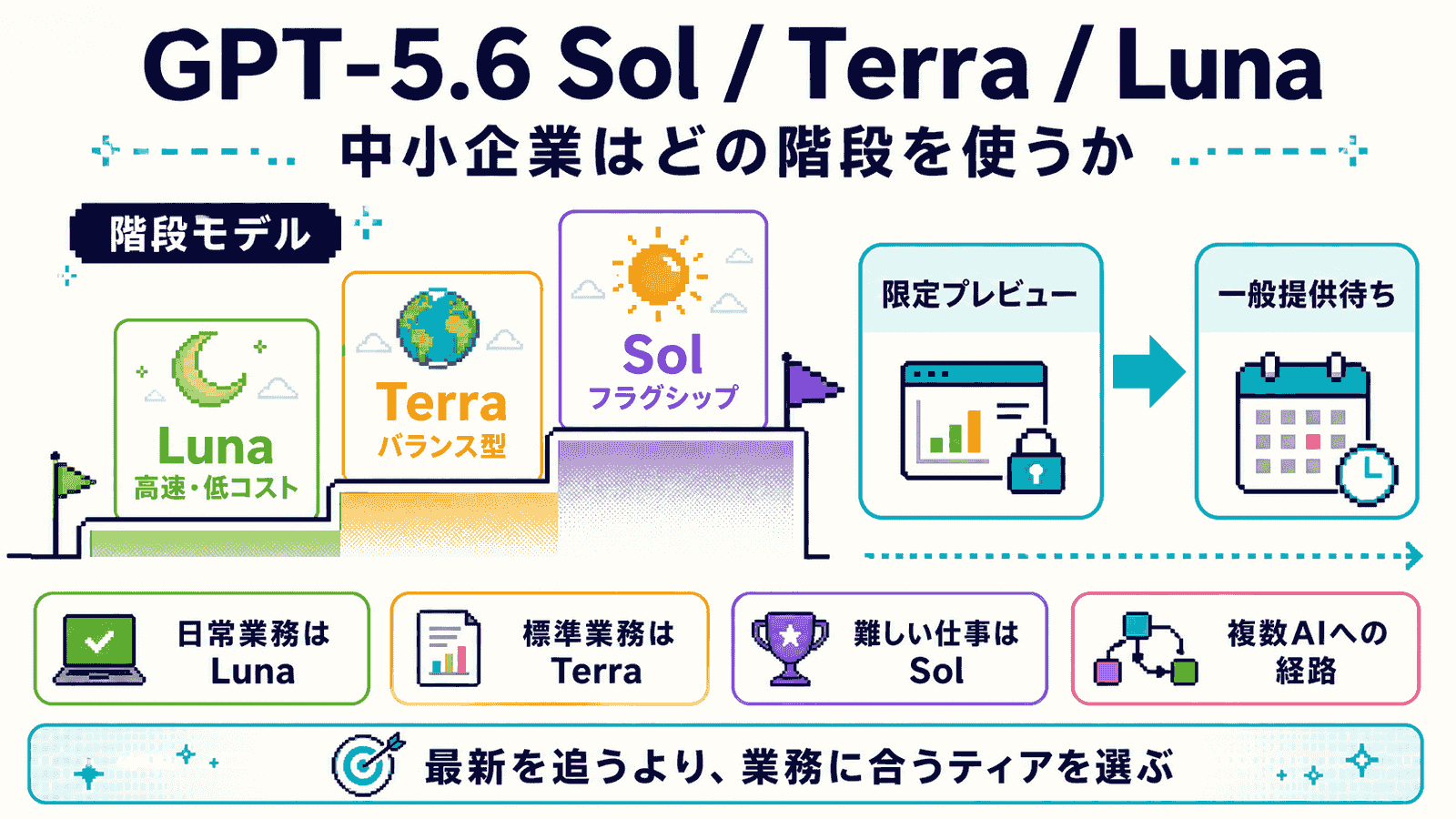 GPT-5.6 Sol/Terra/Lunaの3モデル構成と日本の中小企業から見た位置づけを示した概念図