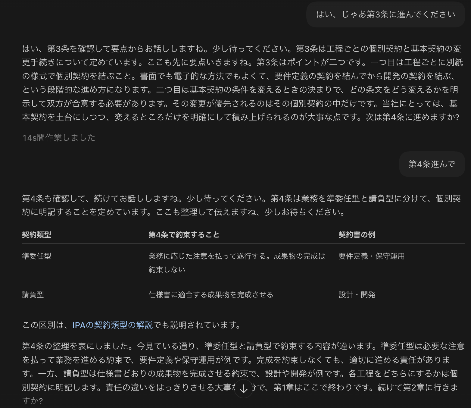 ChatGPTデスクトップアプリのCodexで、音声会話で契約書の雛形を解説してもらっている画面。「はい、じゃあ第3条に進んでください」という問いかけに、第3条は工程ごとの個別契約と基本契約の変更手続きを定めている、ポイントは2つ、と要点から説明している。続いて「第4条進んで」と頼むと、準委任型と請負型の違いを表にまとめて示し、IPAの契約類型の解説にも触れたうえで、第1章の終わりと次に進むかを尋ねている